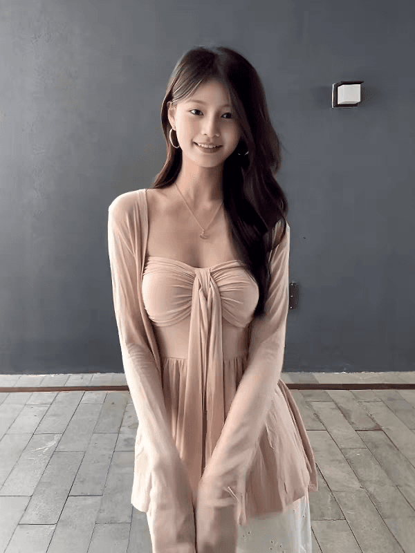 한 부서 핑크색 레이스업 튜브탑 자외선 차단 오픈 가디건 여성 2025 여름 새로운 디자인 센스 느긋한 바람 맨위 투피스 세트 상세 이미지 5