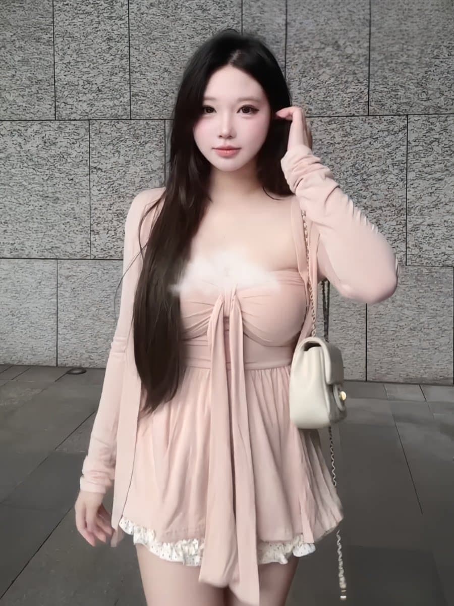 실사 한국 스타일 패션 다용도 슬림해 보이는 순수한 욕망 바람 부드러운 찹쌀 치마 아이들 몸매 가꾸기 슬림해 보이는 오픈 가디건 투피스 세트 상세 이미지 4
