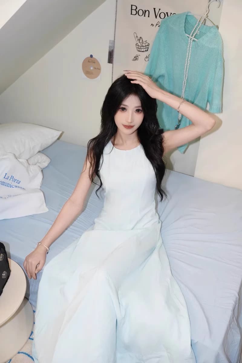 얼음 파란색 한 부서 고급 센스 부드러운 몸매 가꾸기 치마 베이지 색 프라임 프라임 아름다움 센스 민소매 조끼 여성 드레스 상세 이미지 3