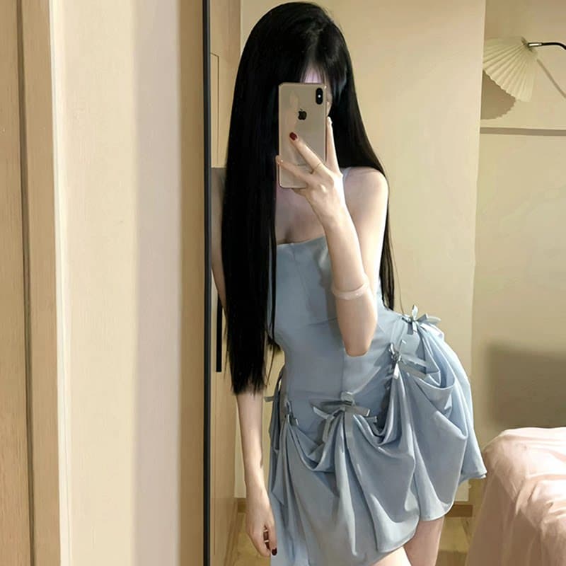 파란색 나비 매듭 슬립 여성 드레스 디자인 센스 작은 대중 아니요 명중 섹션 도파민 부드러운 한 부서 품격 치마 상세 이미지 2