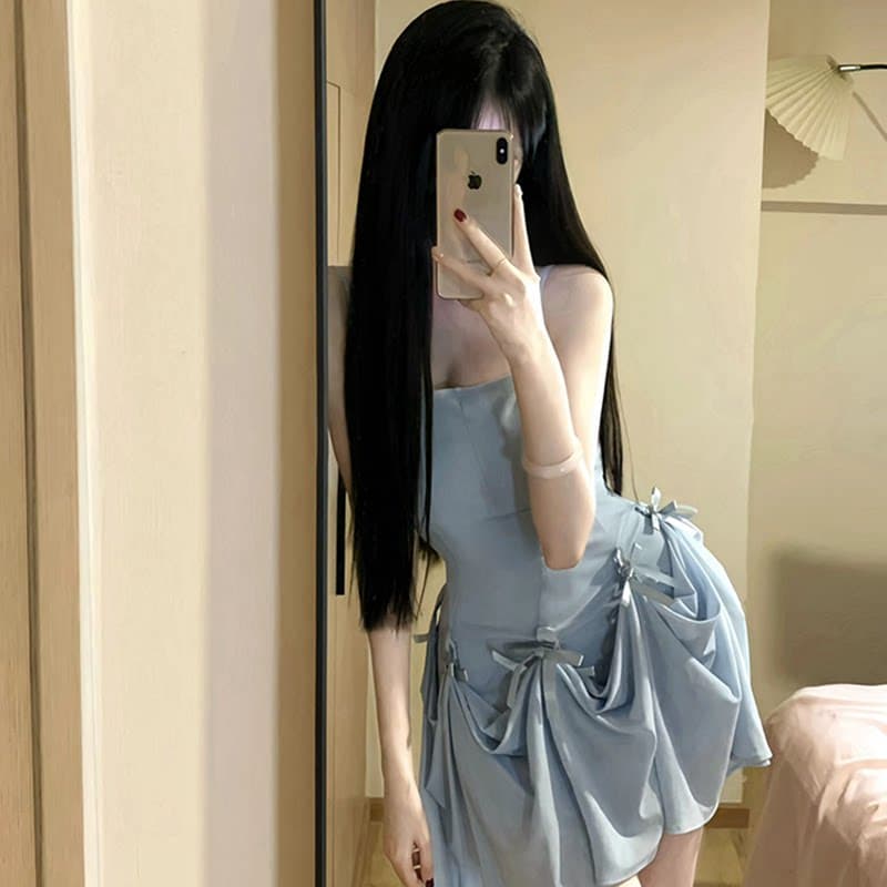 파란색 나비 매듭 슬립 여성 드레스 디자인 센스 작은 대중 아니요 명중 섹션 도파민 부드러운 한 부서 품격 치마 상세 이미지 3