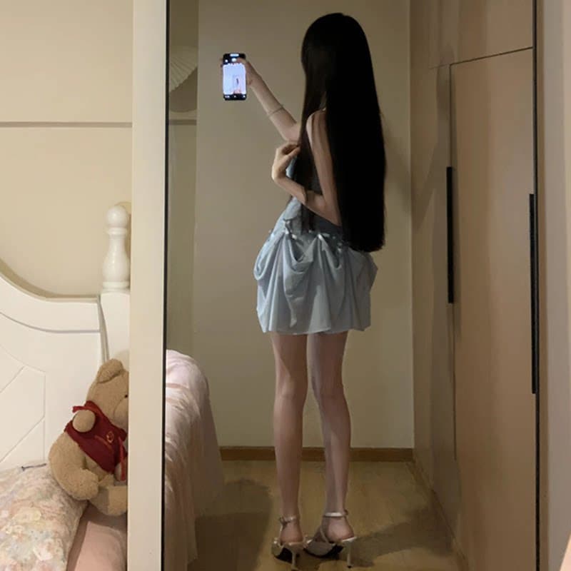 파란색 나비 매듭 슬립 여성 드레스 디자인 센스 작은 대중 아니요 명중 섹션 도파민 부드러운 한 부서 품격 치마 상세 이미지 6