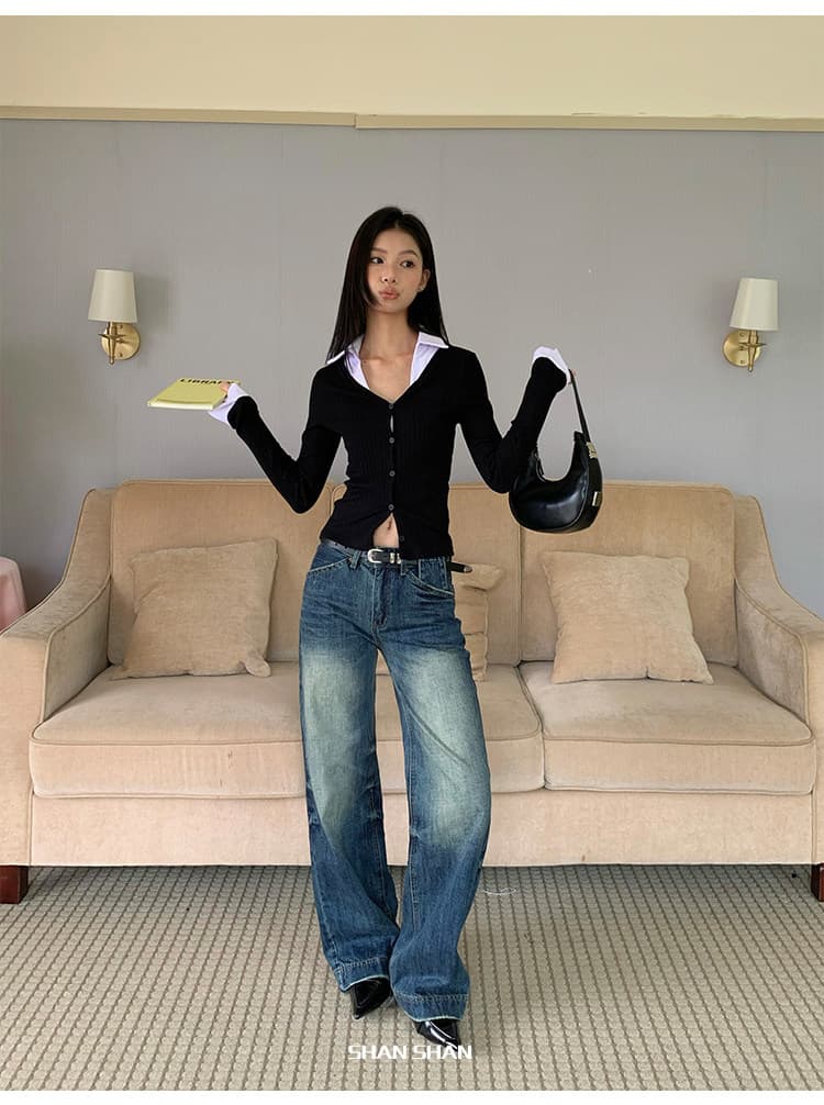 240 그램 순면 구덩이 기사 350 그램 두꺼운 별이 빛나는 하늘 니켈 하나 페이크 레이어드 polo 니트 오픈 가디건 V넥 긴팔 맨위 상세 이미지 16
