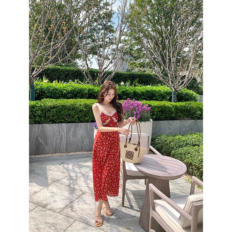 빨간색 슬립 꽃무늬 치마 여성 여름 새로운 V넥 휴가 드레스 품격 이미지 4