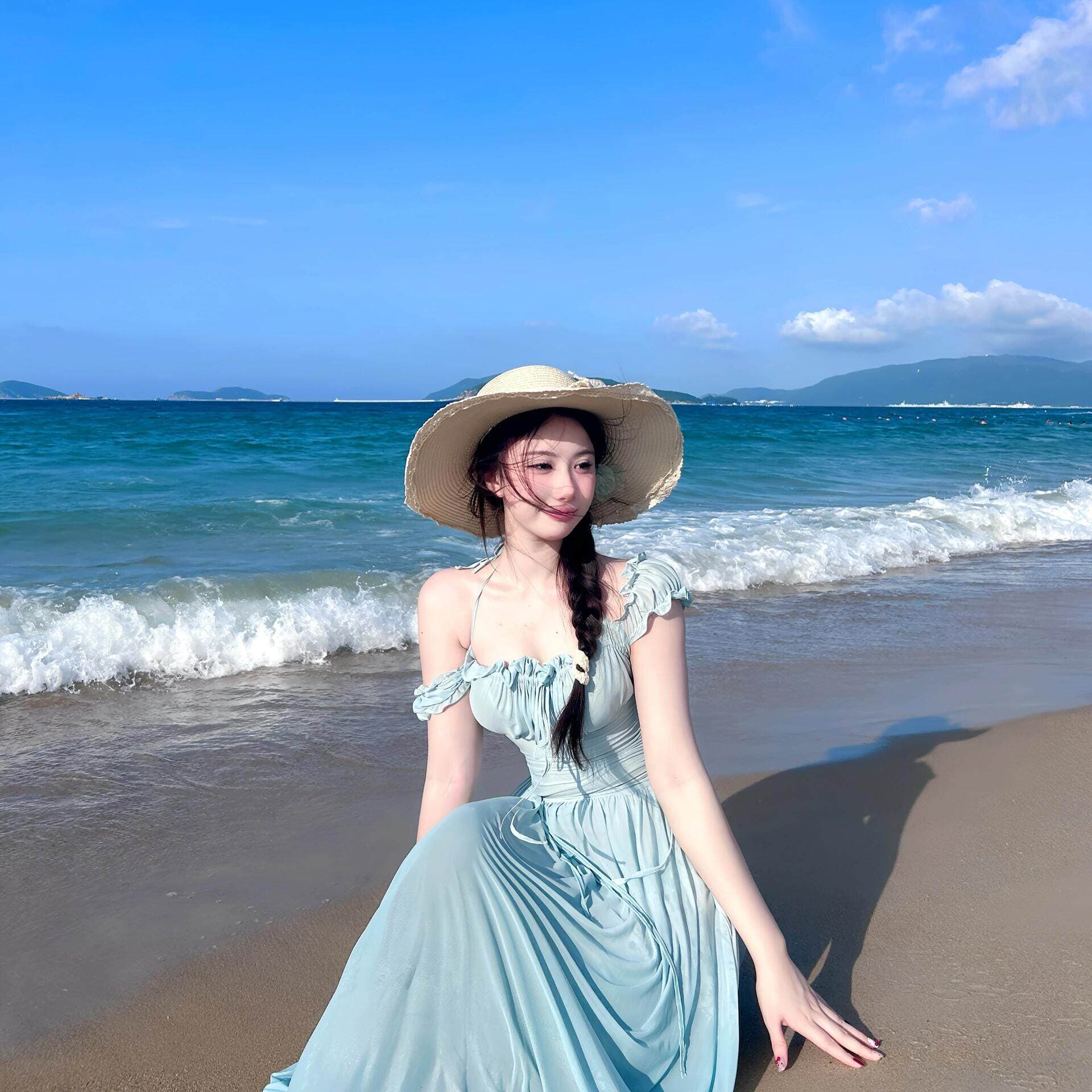 휴가 바람 파란색 오프숄더 슬립 여성 드레스 여름 고급 센스 품격 허리 수축 프랑스식 길다 치마 이미지 5