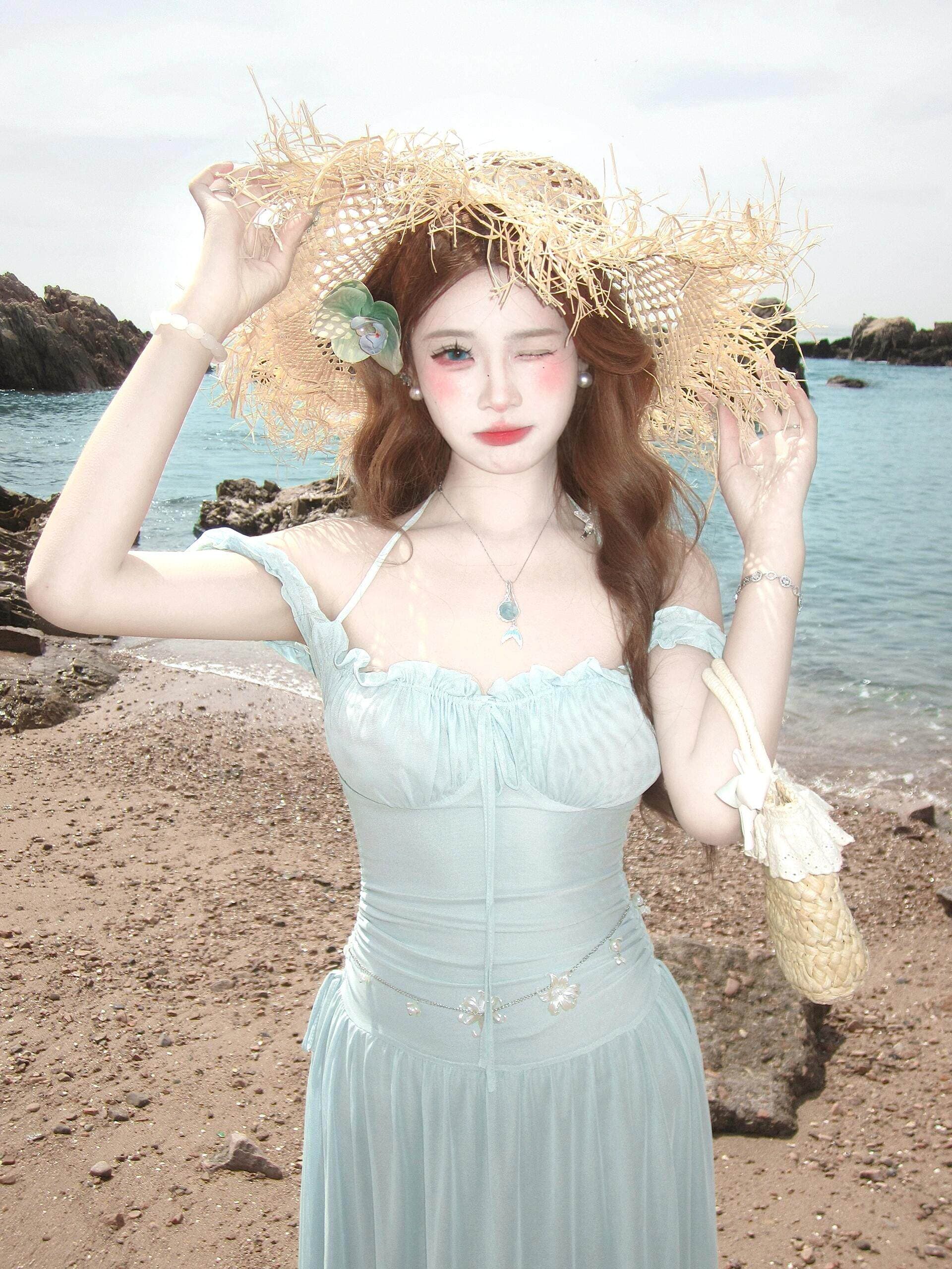 한 부서 부드러운 바람 슈퍼 잘 생긴 행침 목 오프숄더 드레스 작은 대중 아름다운 고유 한 몸매 가꾸기 롱 스커트 여름 이미지 4