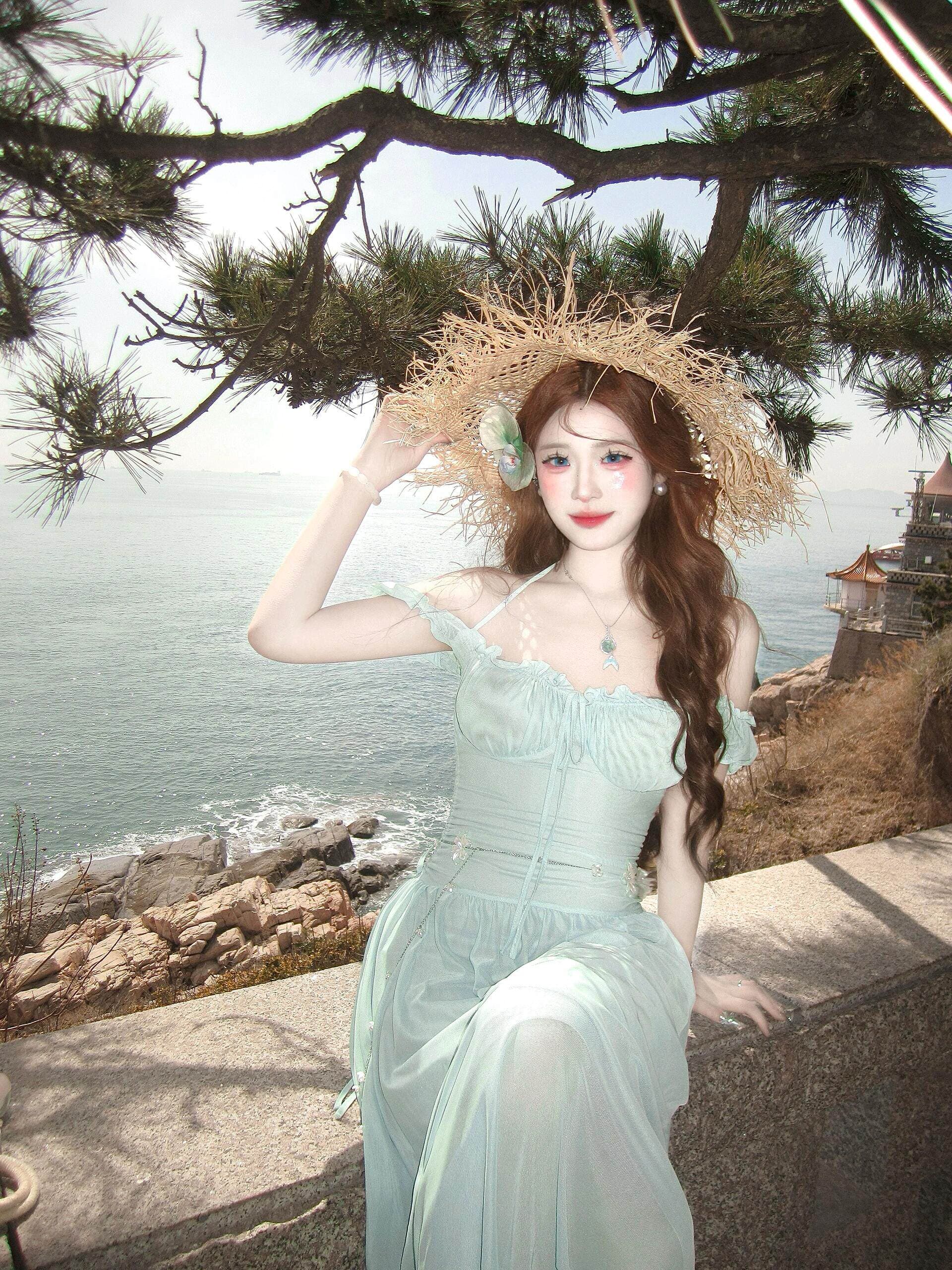 한 부서 부드러운 바람 슈퍼 잘 생긴 행침 목 오프숄더 드레스 작은 대중 아름다운 고유 한 몸매 가꾸기 롱 스커트 여름 이미지 3