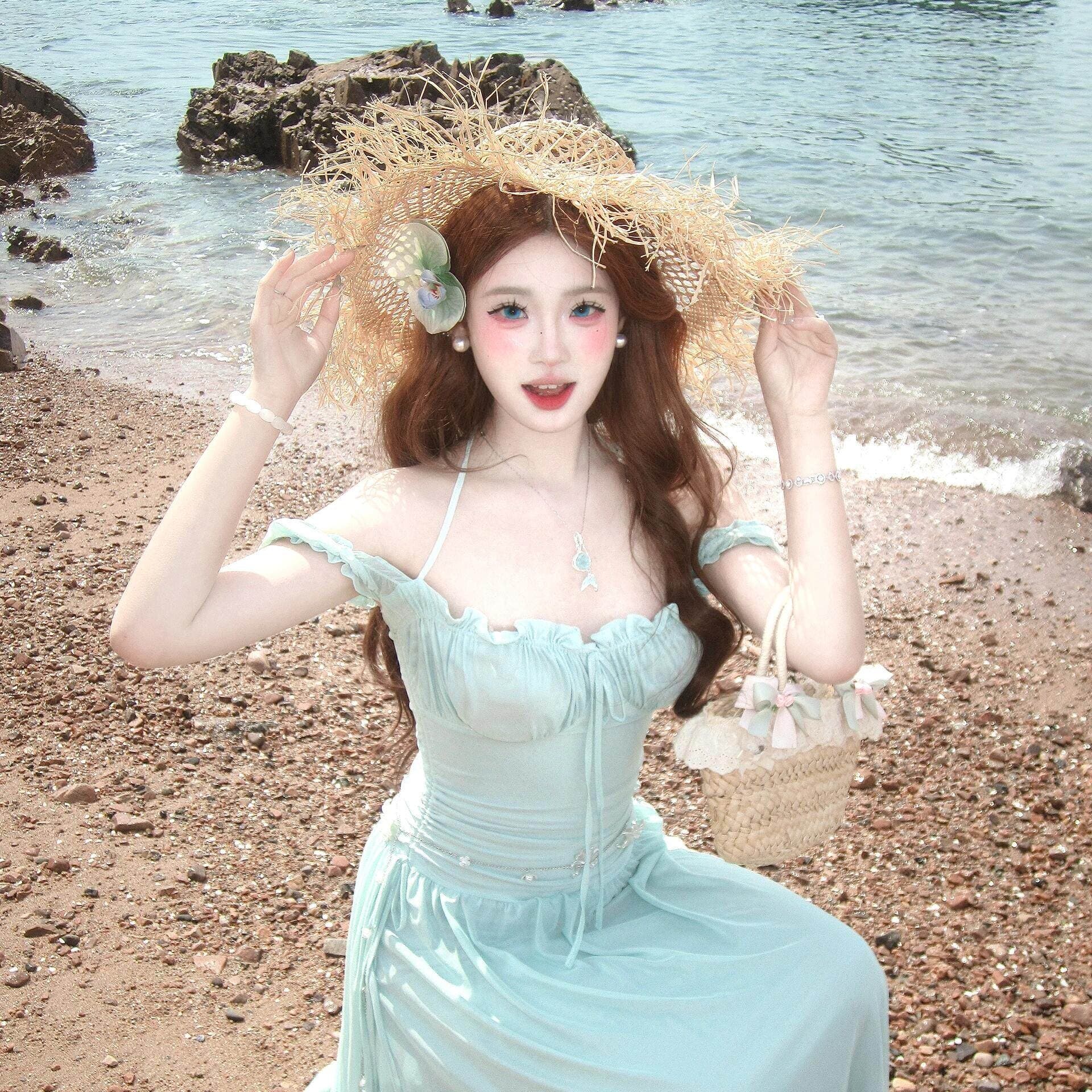 한 부서 부드러운 바람 슈퍼 잘 생긴 행침 목 오프숄더 드레스 작은 대중 아름다운 고유 한 몸매 가꾸기 롱 스커트 여름 이미지 5