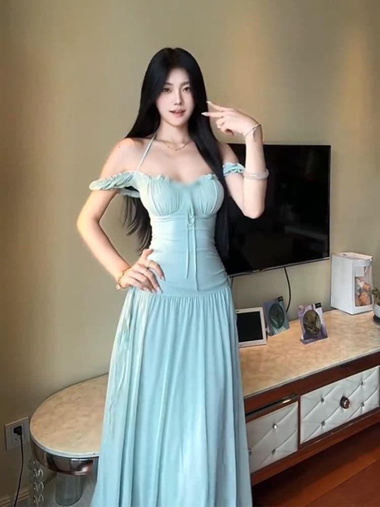 해변가 휴가 바람 오프숄더 행침 목 드레스 년 새로운 프랑스식 부드러운 바람 품격 허리 수축 길다 치마 상세 이미지 3