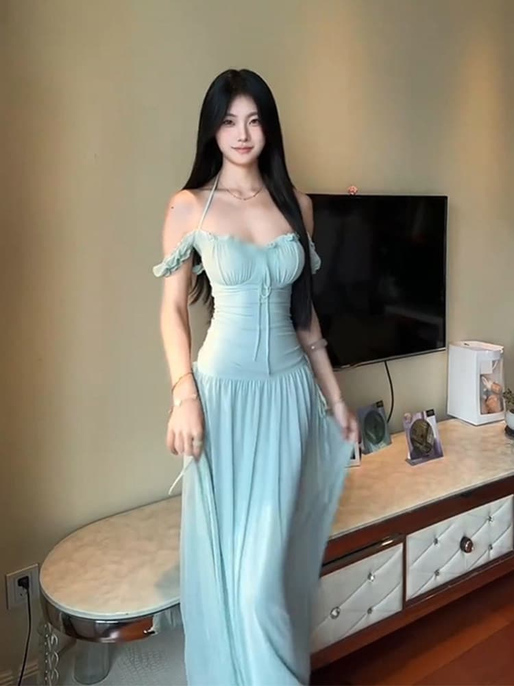 해변가 휴가 바람 오프숄더 행침 목 드레스 년 새로운 프랑스식 부드러운 바람 품격 허리 수축 길다 치마 상세 이미지 5
