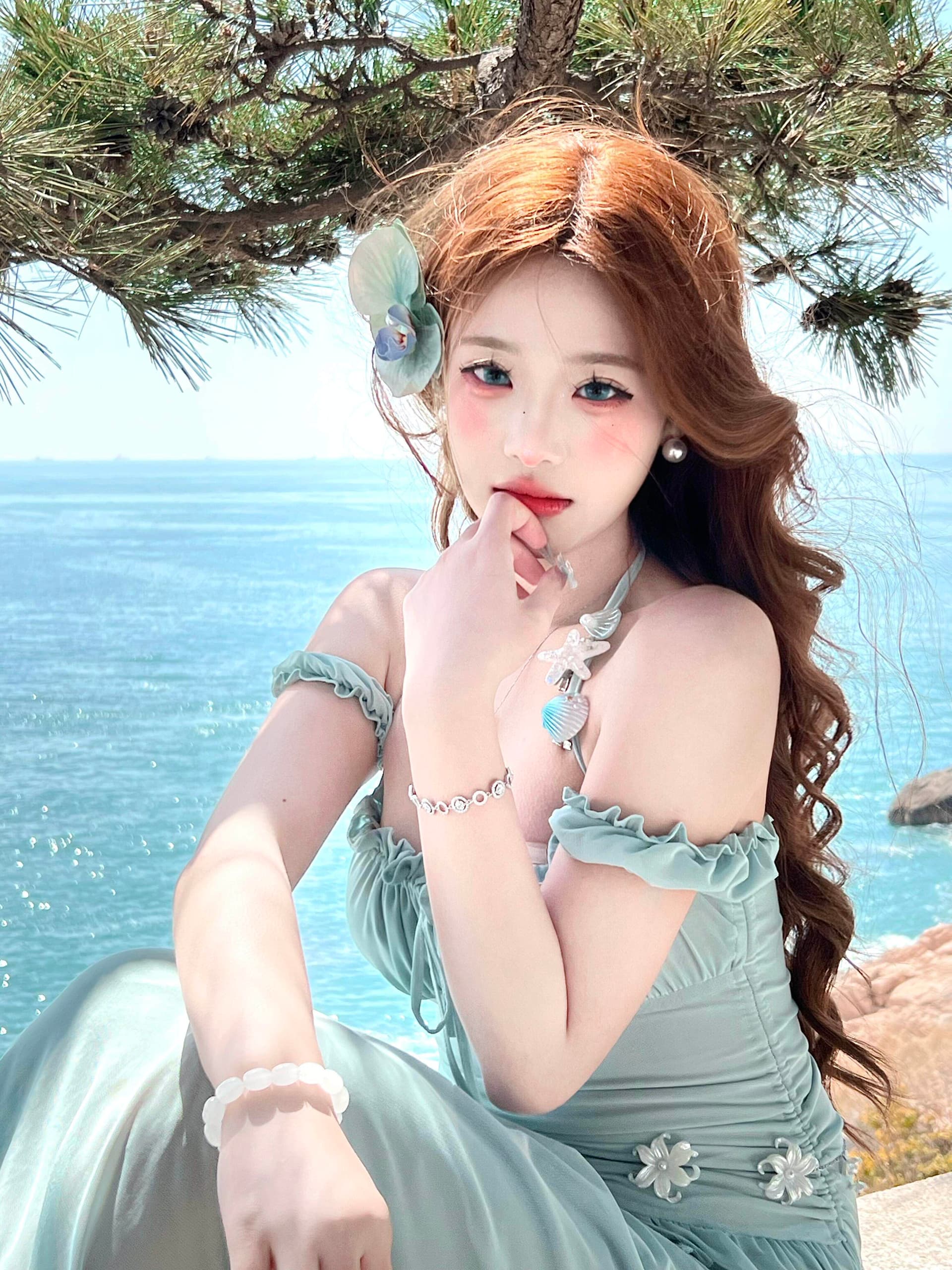한 부서 부드러운 바람 슈퍼 잘 생긴 행침 목 오프숄더 드레스 작은 대중 아름다운 고유 한 몸매 가꾸기 롱 스커트 여름 상세 이미지 9