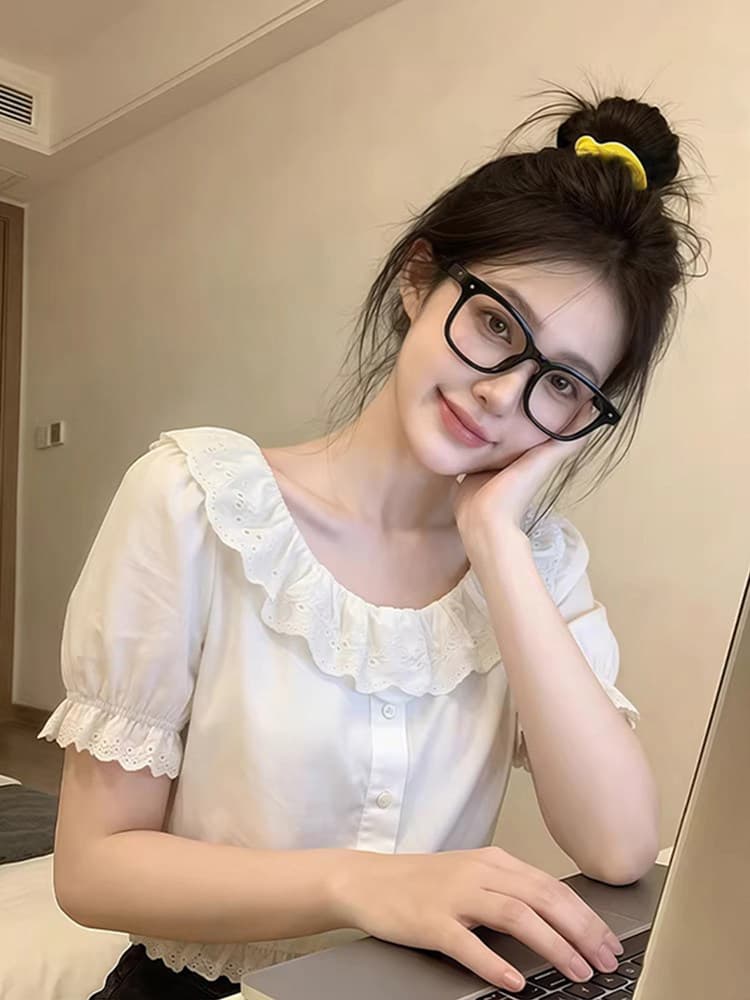 프릴 프랑스식 반팔 아름다운 여성 셔츠 여름 달콤함 루즈핏 셔츠 작은 대중 화이트 쇼트 스타일 다용도 이미지 3