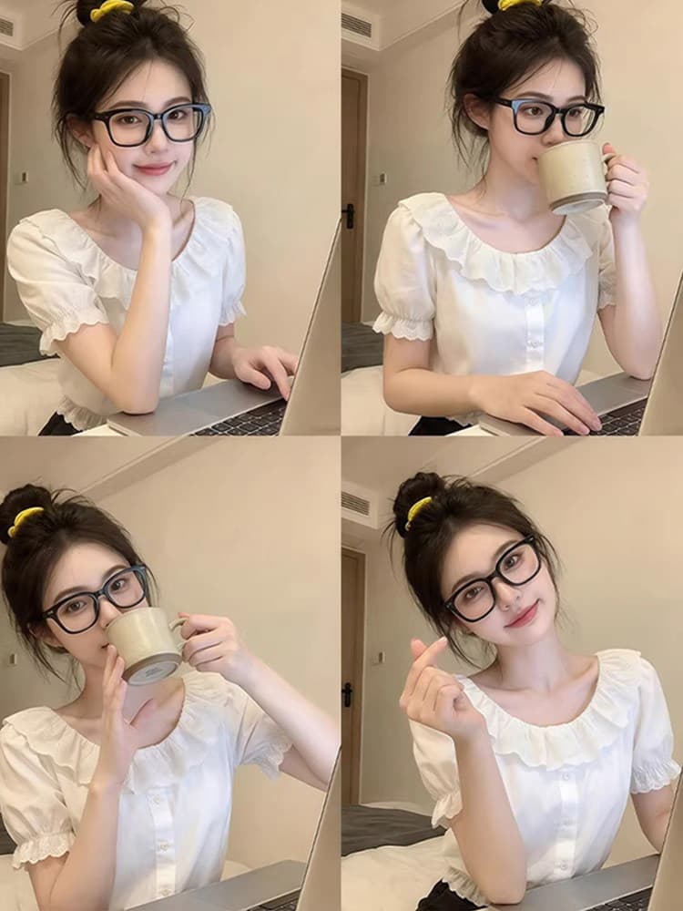 프릴 프랑스식 반팔 아름다운 여성 셔츠 여름 달콤함 루즈핏 셔츠 작은 대중 화이트 쇼트 스타일 다용도 이미지 4