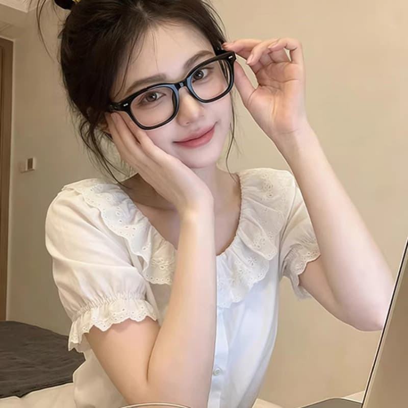 프릴 프랑스식 반팔 아름다운 여성 셔츠 여름 달콤함 루즈핏 셔츠 작은 대중 화이트 쇼트 스타일 다용도 이미지 5