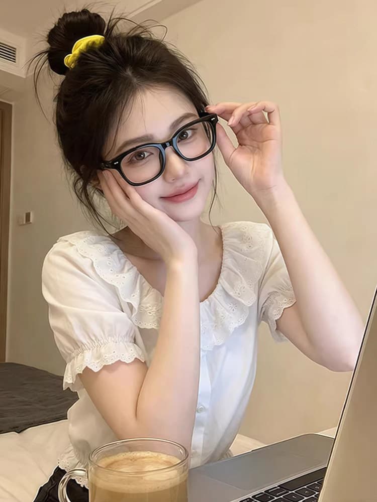 프릴 프랑스식 반팔 아름다운 여성 셔츠 여름 달콤함 루즈핏 셔츠 작은 대중 화이트 쇼트 스타일 다용도 상세 이미지 5