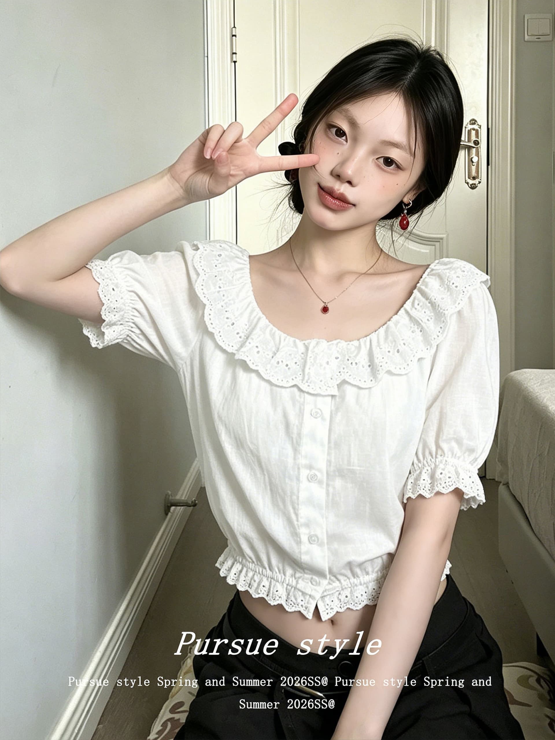 프랑스식 화이트 레이스 레이스 셔츠 반 스커트 세트 2025 라운드 넥 작은 키 패션 미니멀리즘 착용 가져 가라. 이미지 4