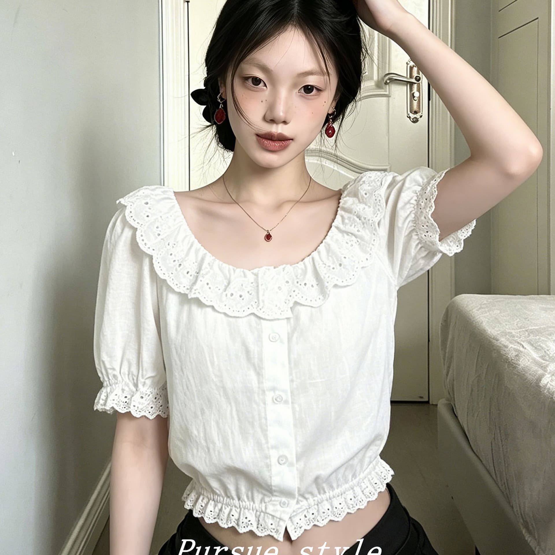 프랑스식 화이트 레이스 레이스 셔츠 반 스커트 세트 2025 라운드 넥 작은 키 패션 미니멀리즘 착용 가져 가라. 이미지 5
