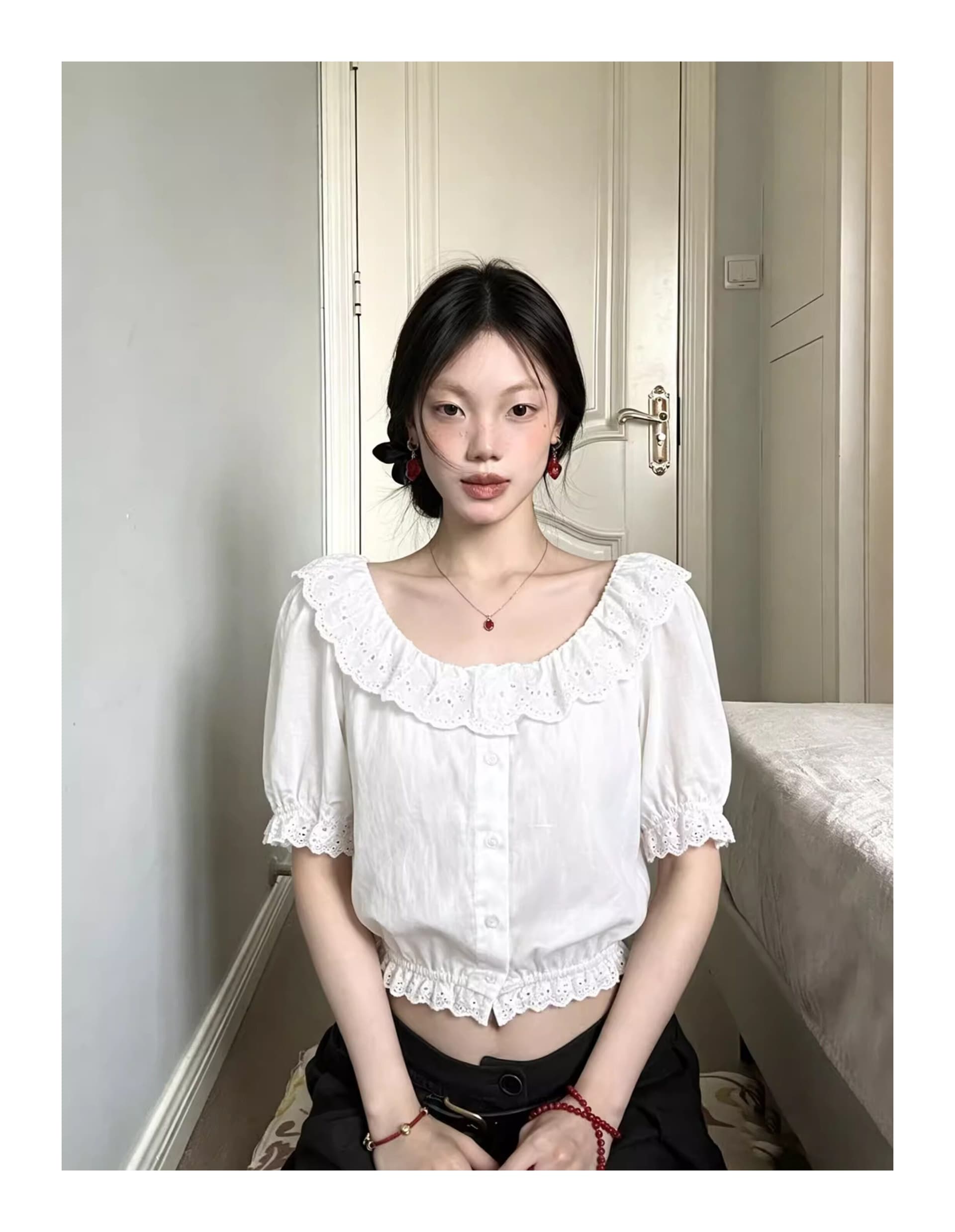 프랑스식 화이트 레이스 레이스 셔츠 반 스커트 세트 2025 라운드 넥 작은 키 패션 미니멀리즘 착용 가져 가라. 상세 이미지 2