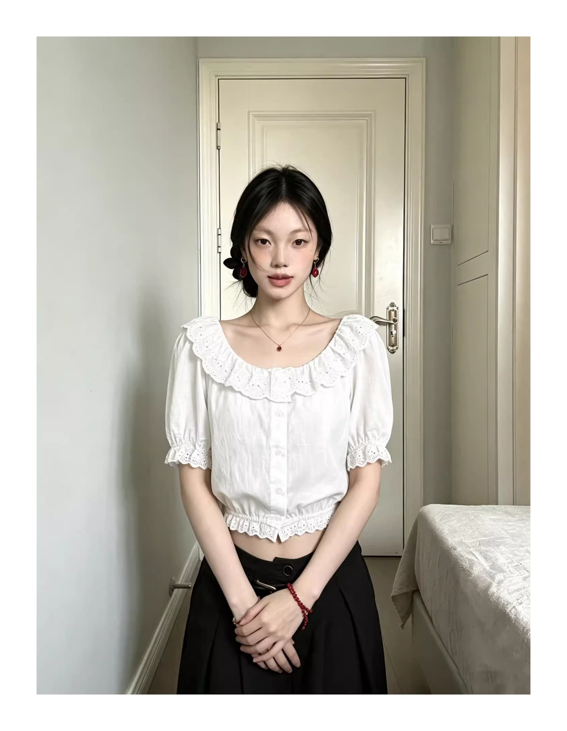 프랑스식 화이트 레이스 레이스 셔츠 반 스커트 세트 2025 라운드 넥 작은 키 패션 미니멀리즘 착용 가져 가라. 상세 이미지 4
