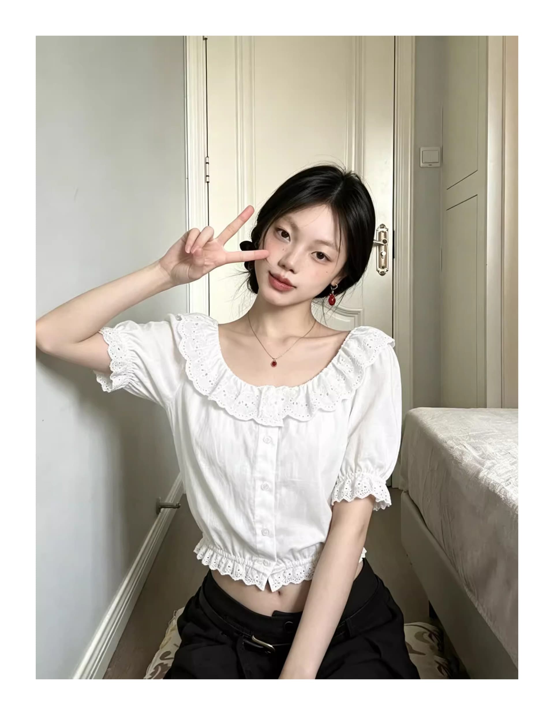 프랑스식 화이트 레이스 레이스 셔츠 반 스커트 세트 2025 라운드 넥 작은 키 패션 미니멀리즘 착용 가져 가라. 상세 이미지 6