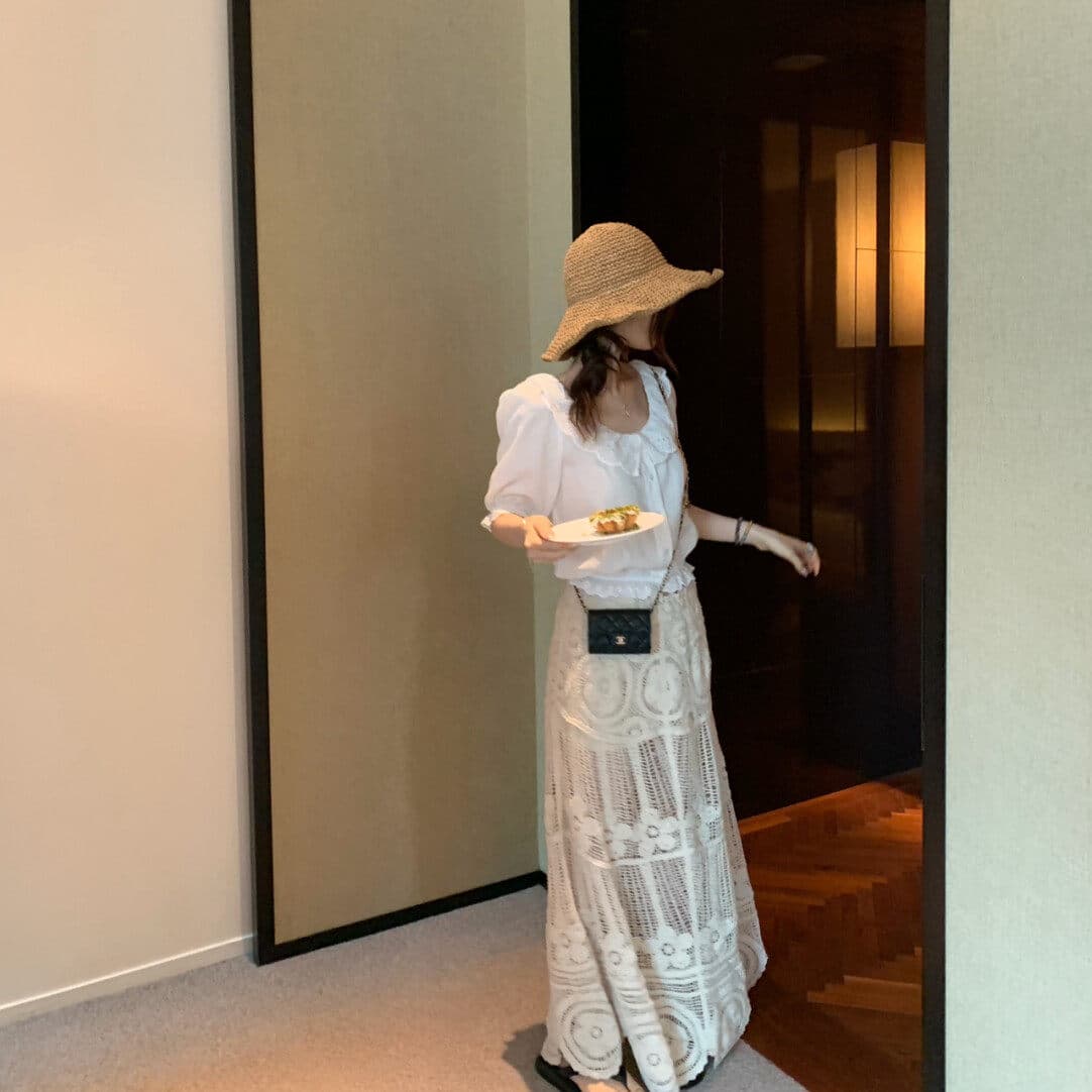 프랑스식 새로운 품격 레이스 레이스 반팔 셔츠 베이비 칼라 오프숄더 쇼트 스타일 빛 럭셔리 고급 센스 맨위 상세 이미지 9