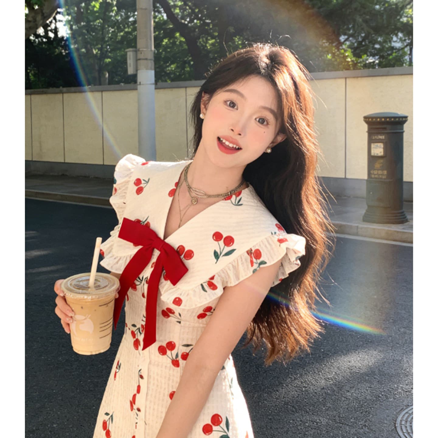 와인 얼룩 체리 나비 매듭 작은 날다 소매 드레스 달콤한 스타일 허리 수축 슬림해 보이는 디자인 센스 달콤한 매운맛 프린트 짧은 치마 상세 이미지 3