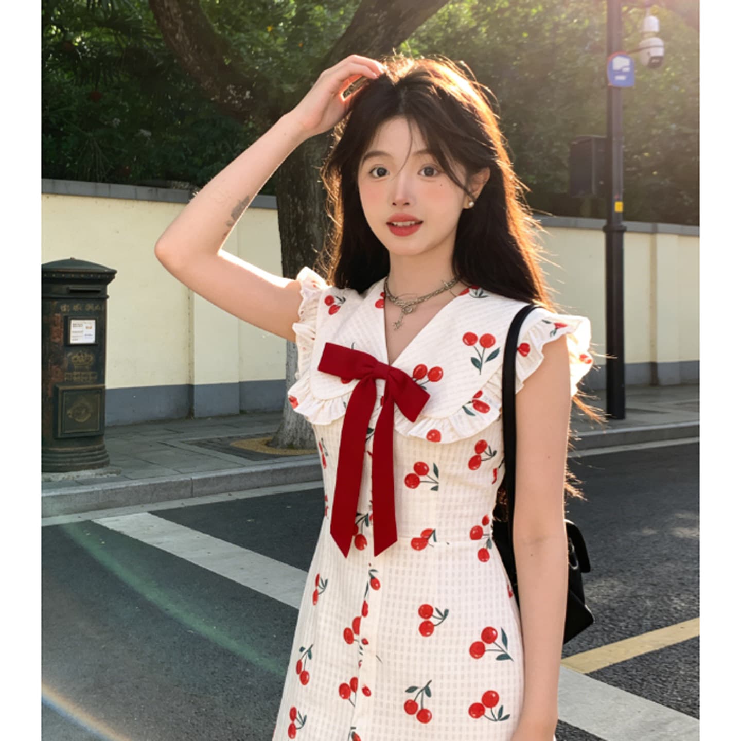 와인 얼룩 체리 나비 매듭 작은 날다 소매 드레스 달콤한 스타일 허리 수축 슬림해 보이는 디자인 센스 달콤한 매운맛 프린트 짧은 치마 상세 이미지 5