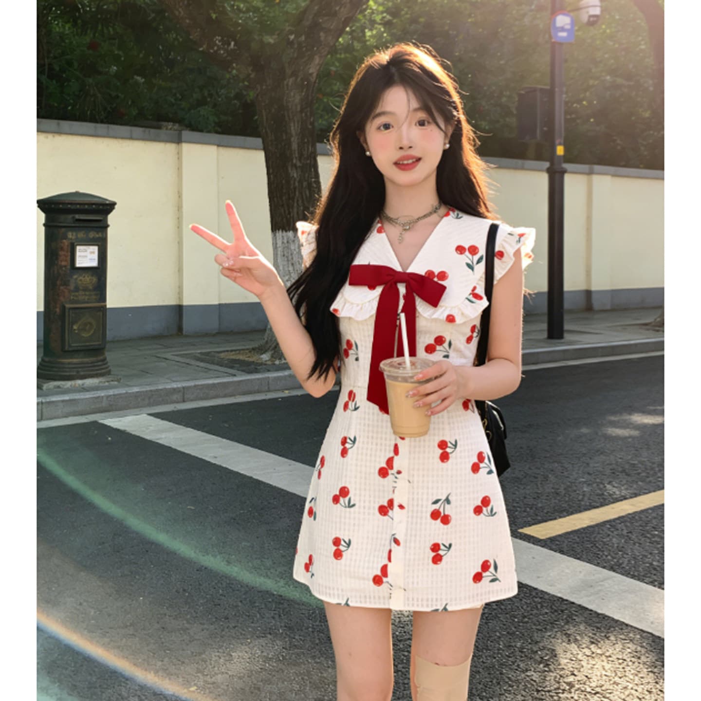 와인 얼룩 체리 나비 매듭 작은 날다 소매 드레스 달콤한 스타일 허리 수축 슬림해 보이는 디자인 센스 달콤한 매운맛 프린트 짧은 치마 상세 이미지 9