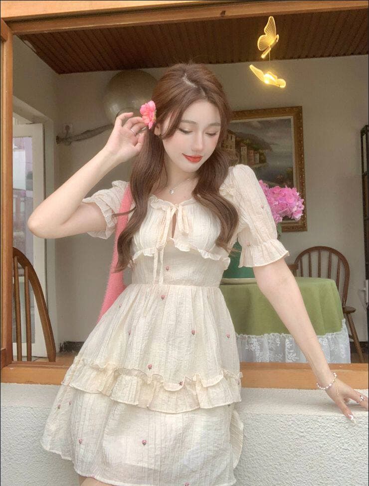 프랑스식 광장 칼라 드레스 허리 수축 슬림해 보이는 쇼트 스타일 품격 치마 작은 꽃 센 부서 살구 색상 드레스 상세 이미지 2