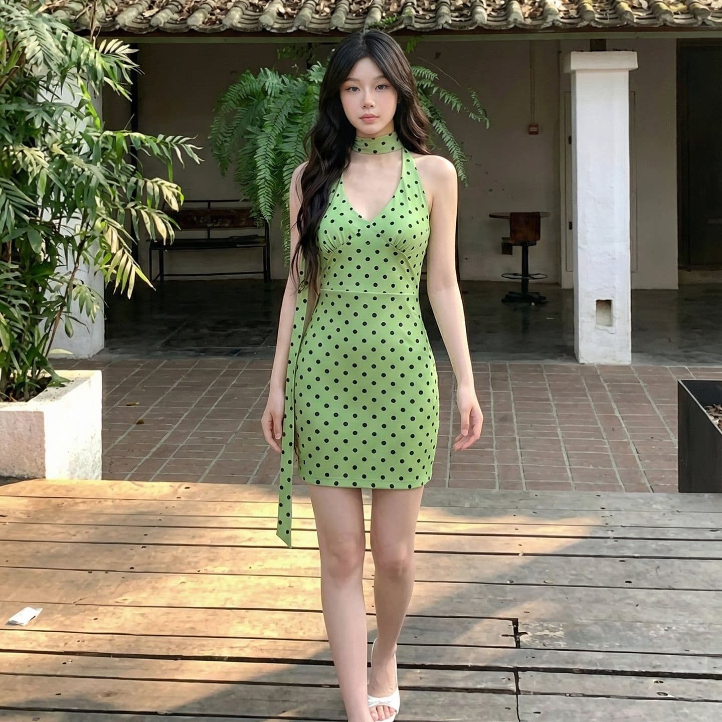 폴리 에스터 인터넷 원단 네리 프랑스식 휴가 녹색 도트 무늬 행침 목 드레스 새로운 V넥 허리 수축 슬림해 보이는 치마