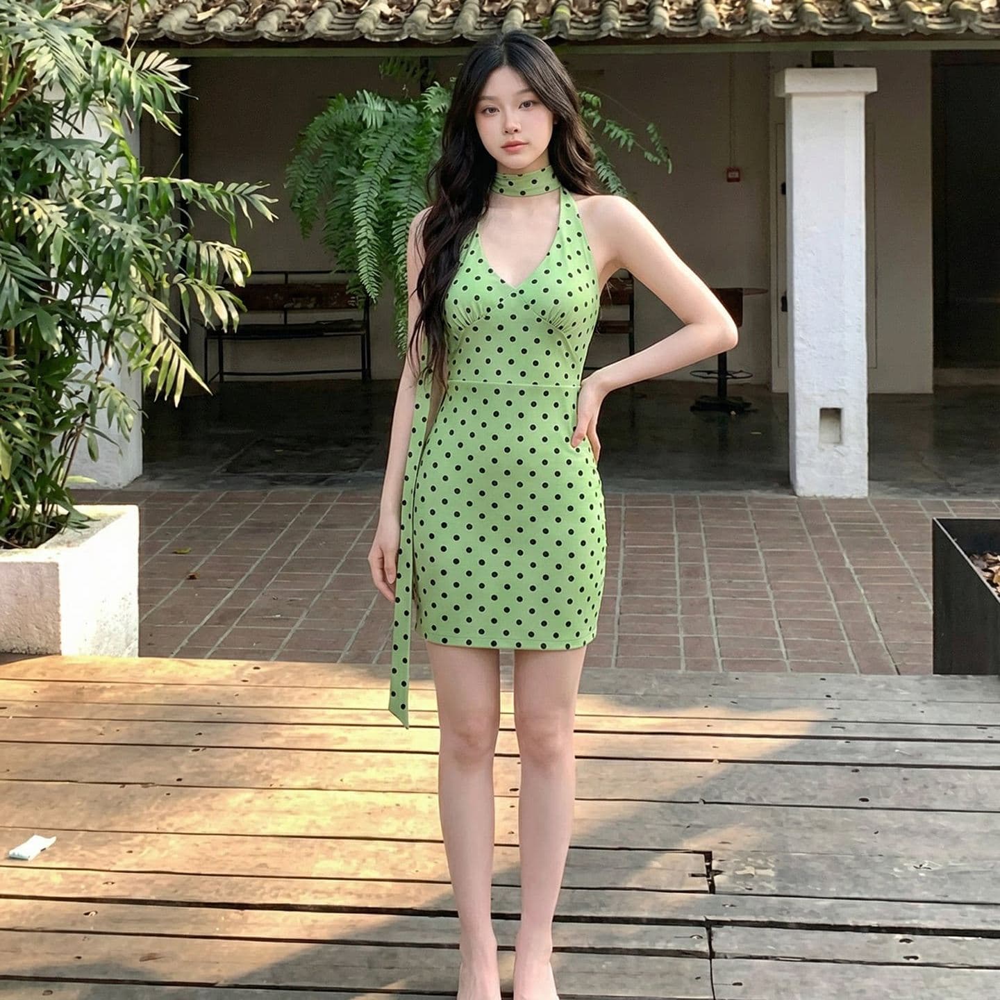 폴리 에스터 인터넷 원단 네리 프랑스식 휴가 녹색 도트 무늬 행침 목 드레스 새로운 V넥 허리 수축 슬림해 보이는 치마 이미지 3