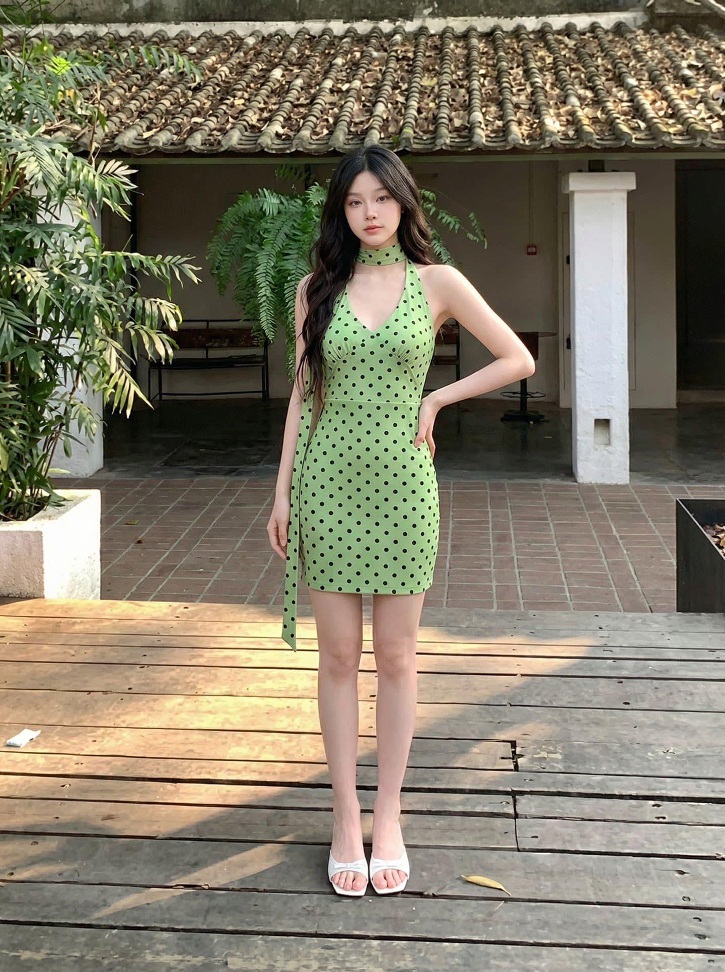 폴리 에스터 인터넷 원단 네리 프랑스식 휴가 녹색 도트 무늬 행침 목 드레스 새로운 V넥 허리 수축 슬림해 보이는 치마 상세 이미지 3