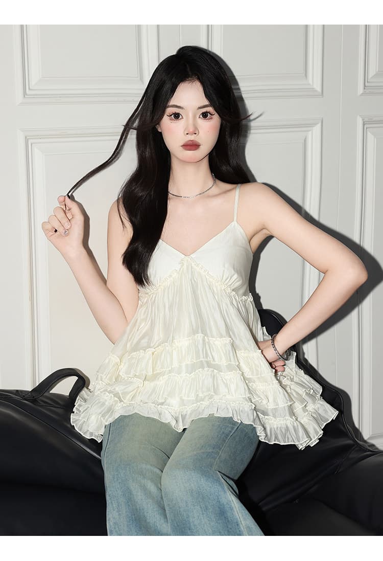 주간 실크 원단 네리 명중 가져 가라. 연꽃 잎 레이스 캐미솔 여름 층 디자인 센스 소녀 첨부 된 의류 상세 이미지 6