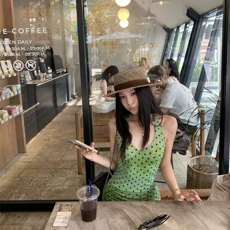 폴리 에스터 인터넷 원단 네리 프랑스식 레트로 고급 센스 리본 도트 무늬 여성 드레스 여름 허리 수축 슬림해 보이는 타이트 스커트
