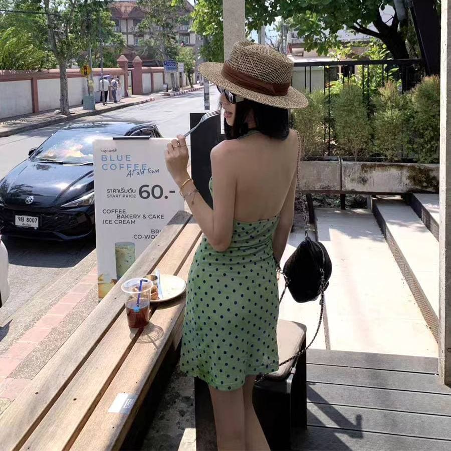 폴리 에스터 인터넷 원단 네리 프랑스식 레트로 고급 센스 리본 도트 무늬 여성 드레스 여름 허리 수축 슬림해 보이는 타이트 스커트 이미지 3