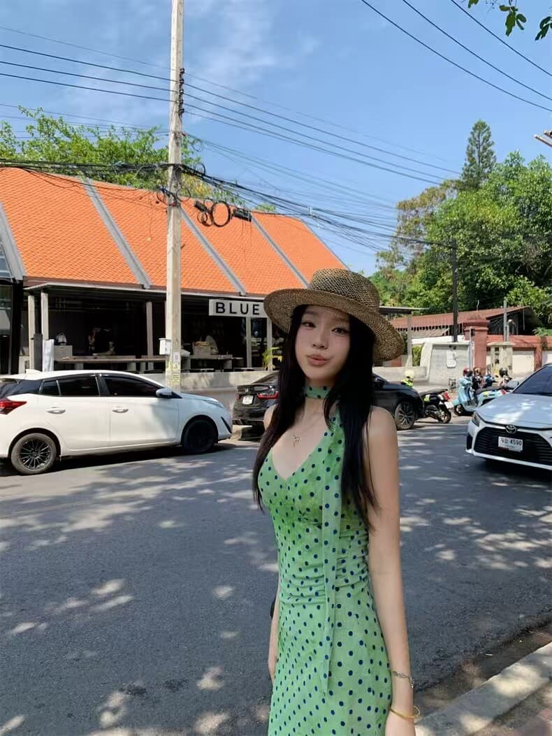 폴리 에스터 인터넷 원단 네리 프랑스식 레트로 고급 센스 리본 도트 무늬 여성 드레스 여름 허리 수축 슬림해 보이는 타이트 스커트 상세 이미지 4
