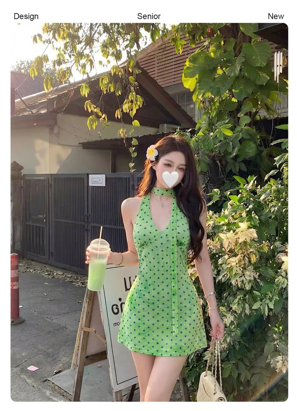 폴리 에스터 인터넷 원단 네리 여름 프랑스식 레트로 휴가 바람 도트 무늬 행침 목 V넥 꼬집기 허리 드레스 상세 이미지 2
