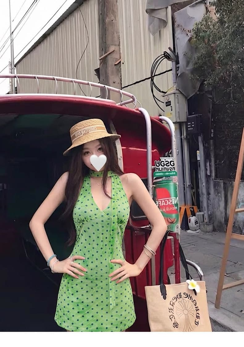 폴리 에스터 인터넷 원단 네리 여름 프랑스식 레트로 휴가 바람 도트 무늬 행침 목 V넥 꼬집기 허리 드레스 상세 이미지 5