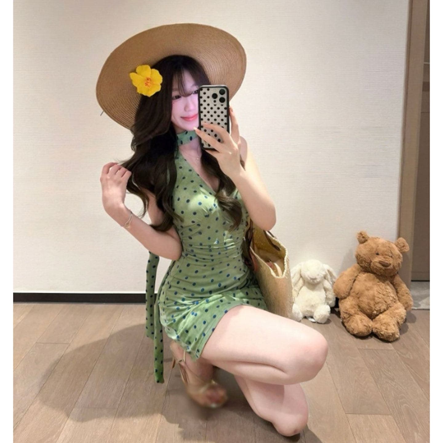 폴리 에스터 인터넷 원단 네리 녹색 V넥 도트 무늬 행침 목 여성 드레스 여름 프랑스식 허리 수축 품격 타이트 스커트 상세 이미지 6
