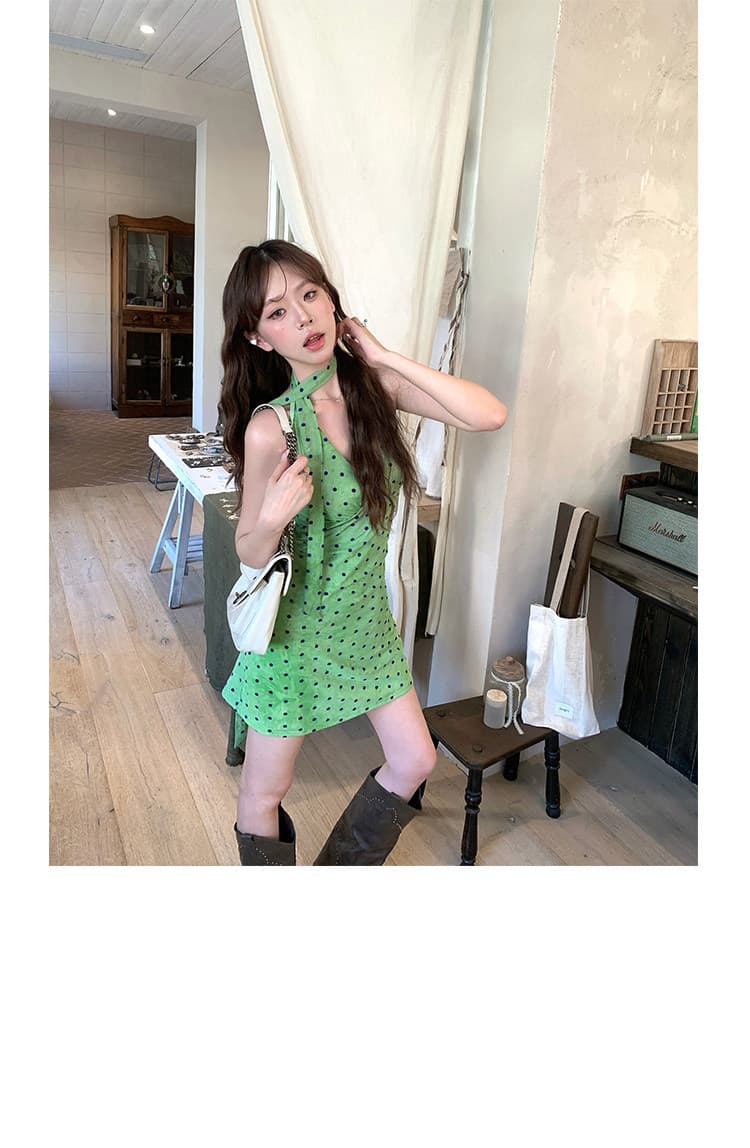 폴리 에스터 인터넷 원단 네리 순수한 욕망 도트 무늬 행침 목 녹색 여성 드레스 여름 마이크로 지방 mm 몸매 가꾸기 슬림해 보이는 짧은 치마 상세 이미지 2