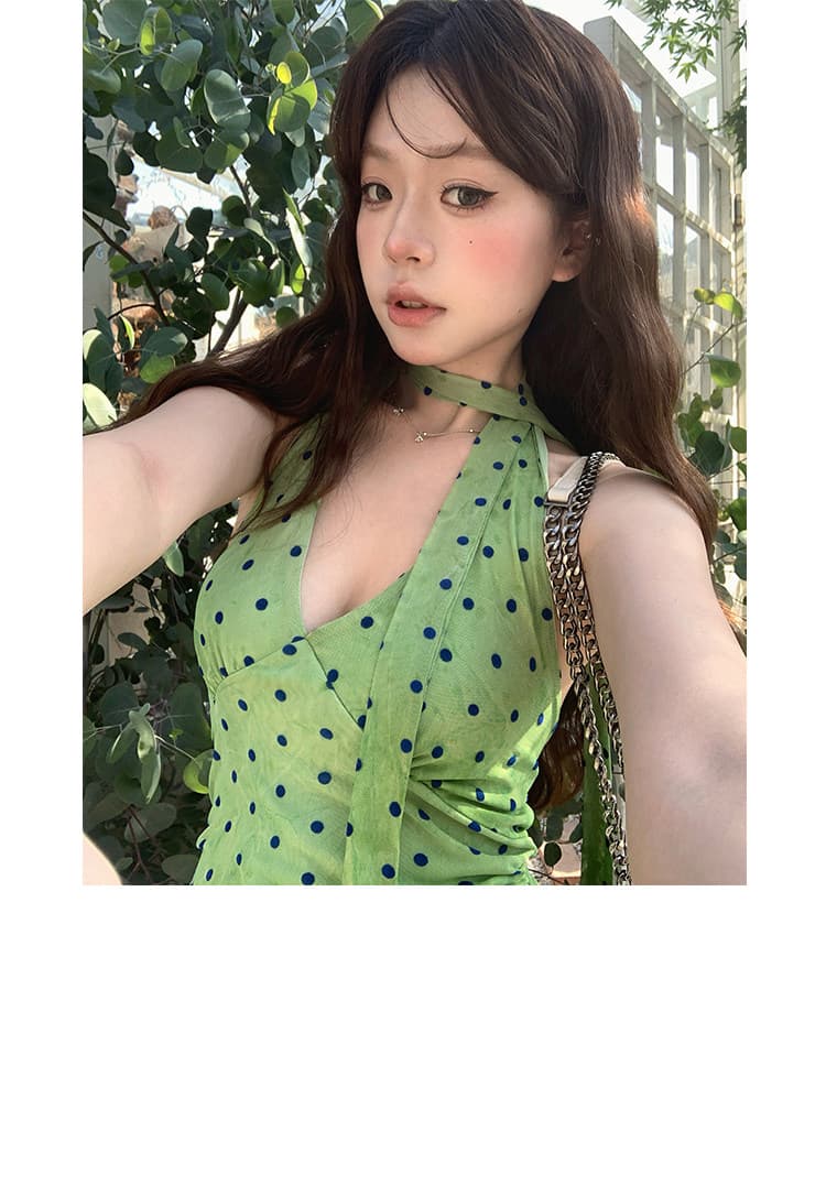 폴리 에스터 인터넷 원단 네리 순수한 욕망 도트 무늬 행침 목 녹색 여성 드레스 여름 마이크로 지방 mm 몸매 가꾸기 슬림해 보이는 짧은 치마 상세 이미지 3