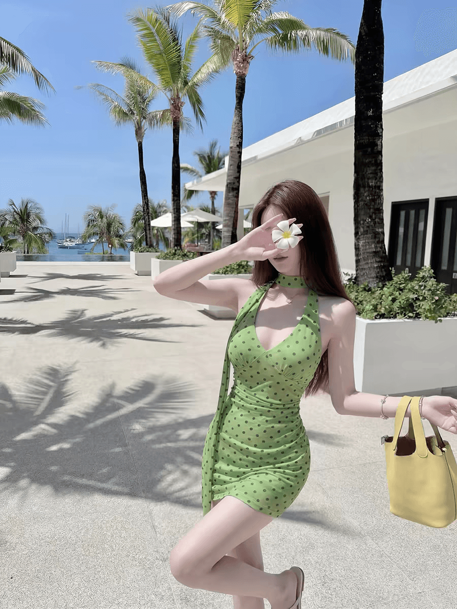 폴리 에스터 인터넷 원단 네리 도트 무늬 레트로 V넥 행침 목 허리 수축 품격 리본 여성 드레스 여름 타이트 스커트 상세 이미지 3