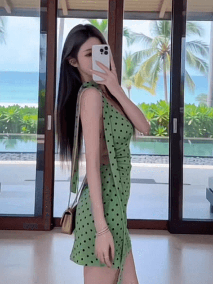 폴리 에스터 인터넷 원단 네리 도트 무늬 레트로 V넥 행침 목 허리 수축 품격 리본 여성 드레스 여름 타이트 스커트 상세 이미지 7