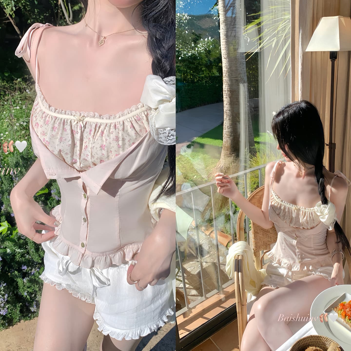 모방 주간 실크 원단 레이스 레이스 페이크 레이어드 꽃무늬 쇼트 스타일 캐미솔 여름 발레 바람 이미지 3