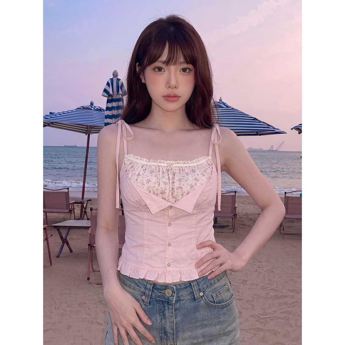 모방 주간 실크 원단 레이스 레이스 달콤한 스타일 페이크 레이어드 꽃무늬 캐미솔 프릴 허리 수축 작은 셔츠 이미지 5