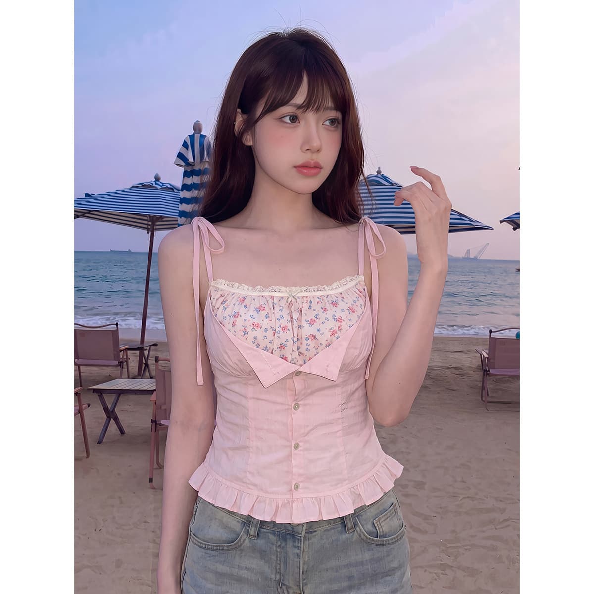 모방 주간 실크 원단 레이스 레이스 달콤한 스타일 페이크 레이어드 꽃무늬 캐미솔 프릴 허리 수축 작은 셔츠 이미지 2