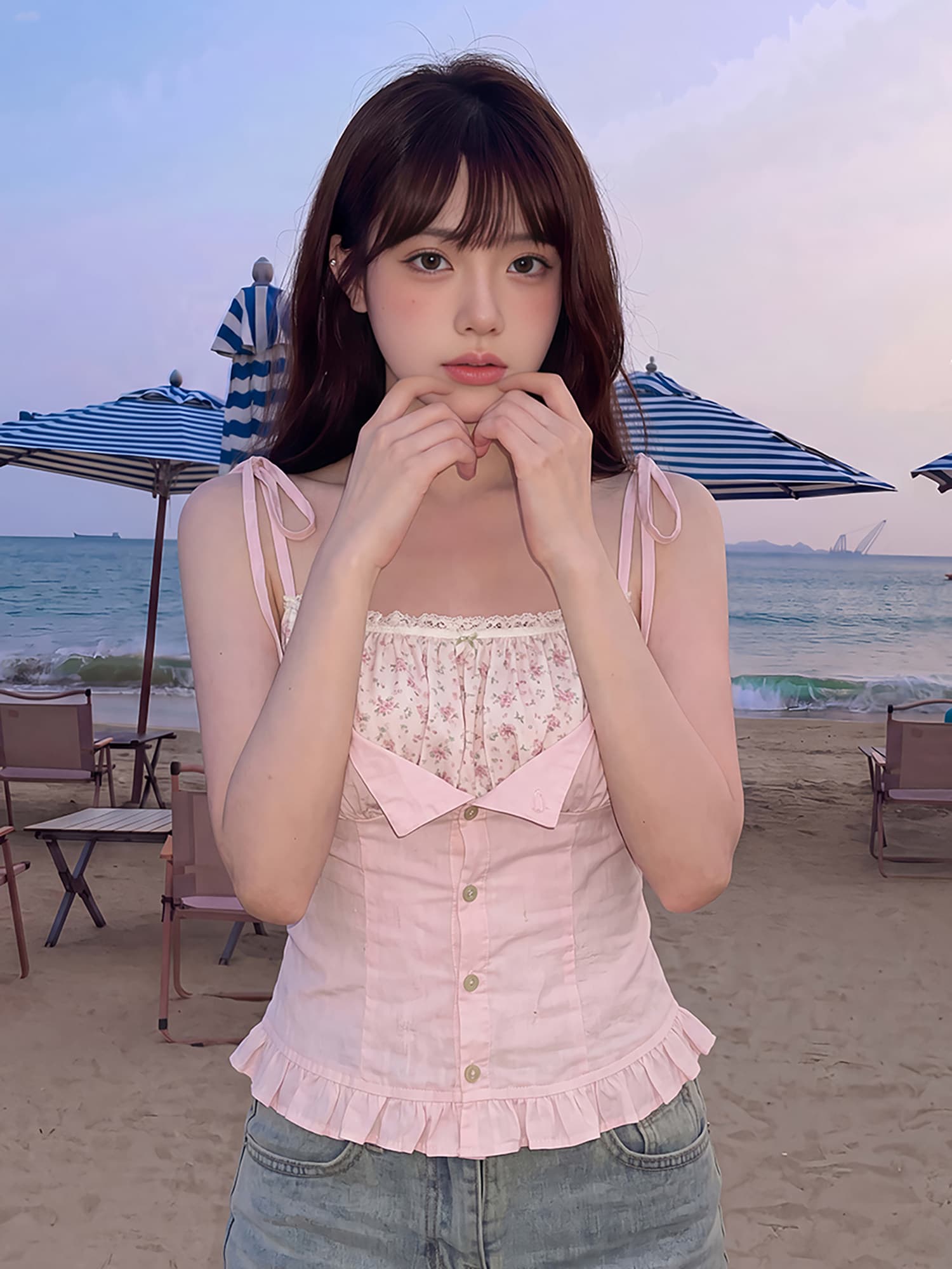 모방 주간 실크 원단 레이스 레이스 달콤한 스타일 페이크 레이어드 꽃무늬 캐미솔 프릴 허리 수축 작은 셔츠 상세 이미지 4