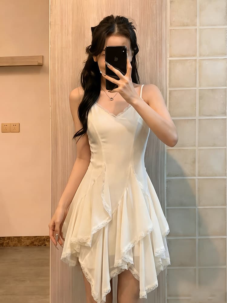 두꺼운 쉬폰 원단 네리 레이스 패치워크 디자인 센스 슬립 여성 드레스 봄 몸매 가꾸기 민소매 치마 상세 이미지 3