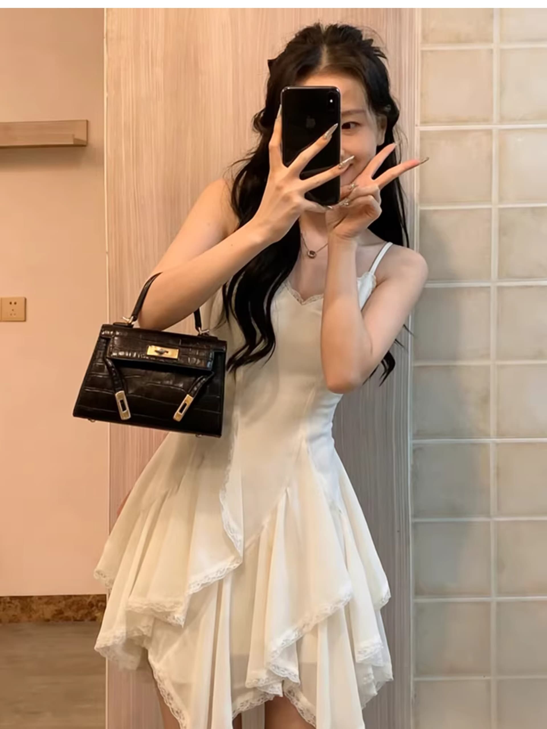 두꺼운 쉬폰 원단 네리 레이스 패치워크 디자인 센스 슬립 여성 드레스 봄 몸매 가꾸기 민소매 치마 상세 이미지 4
