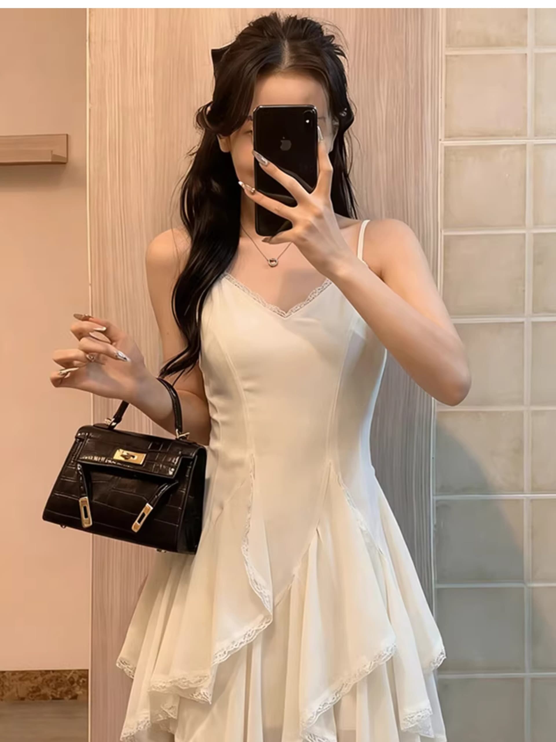 두꺼운 쉬폰 원단 네리 레이스 패치워크 디자인 센스 슬립 여성 드레스 봄 몸매 가꾸기 민소매 치마 상세 이미지 6